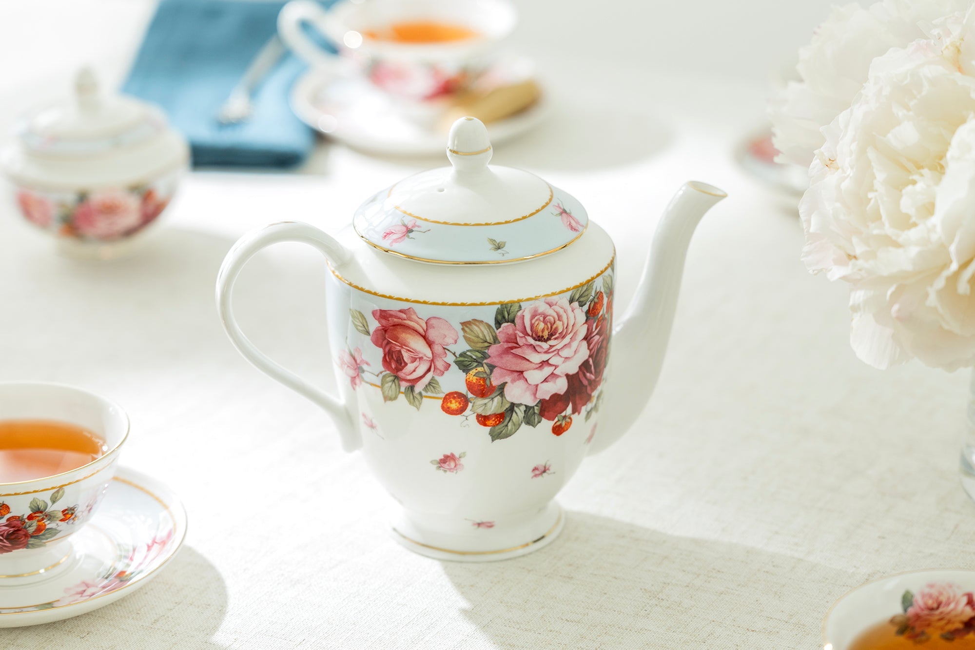 Peony and Strawberry Blue Bone China 11-Piece Tea Set