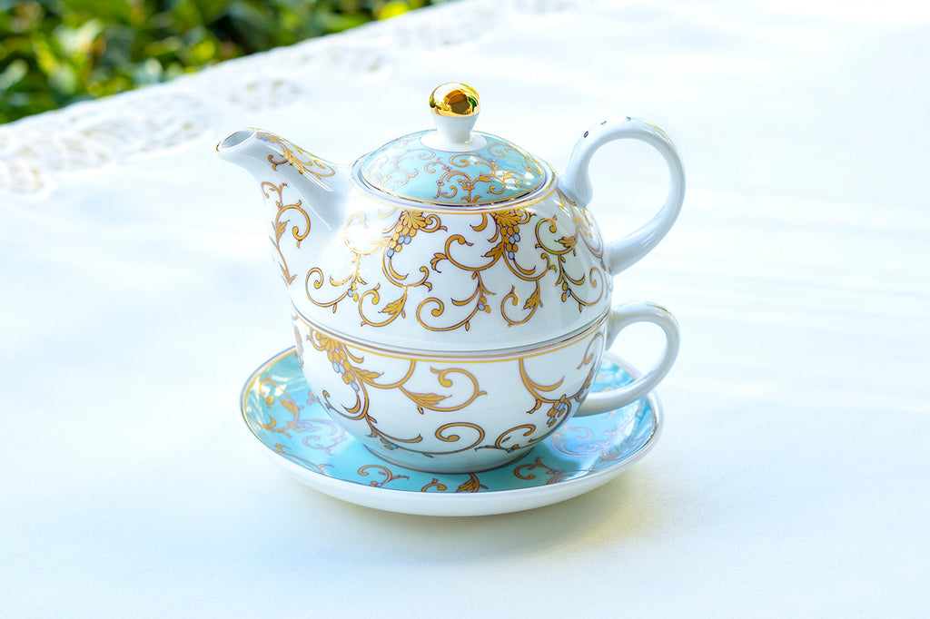 Mint Gold Scroll Fine Porcelain Tea For One Set