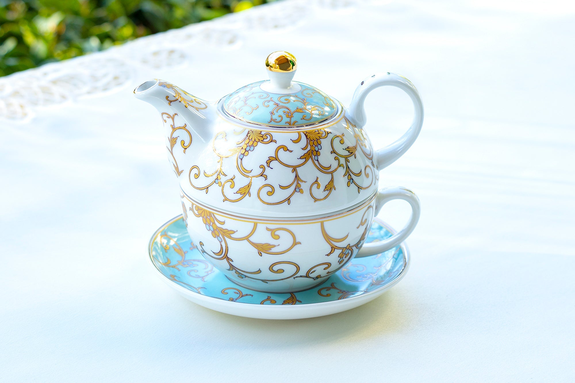 Mint Gold Scroll Fine Porcelain Tea For One Set