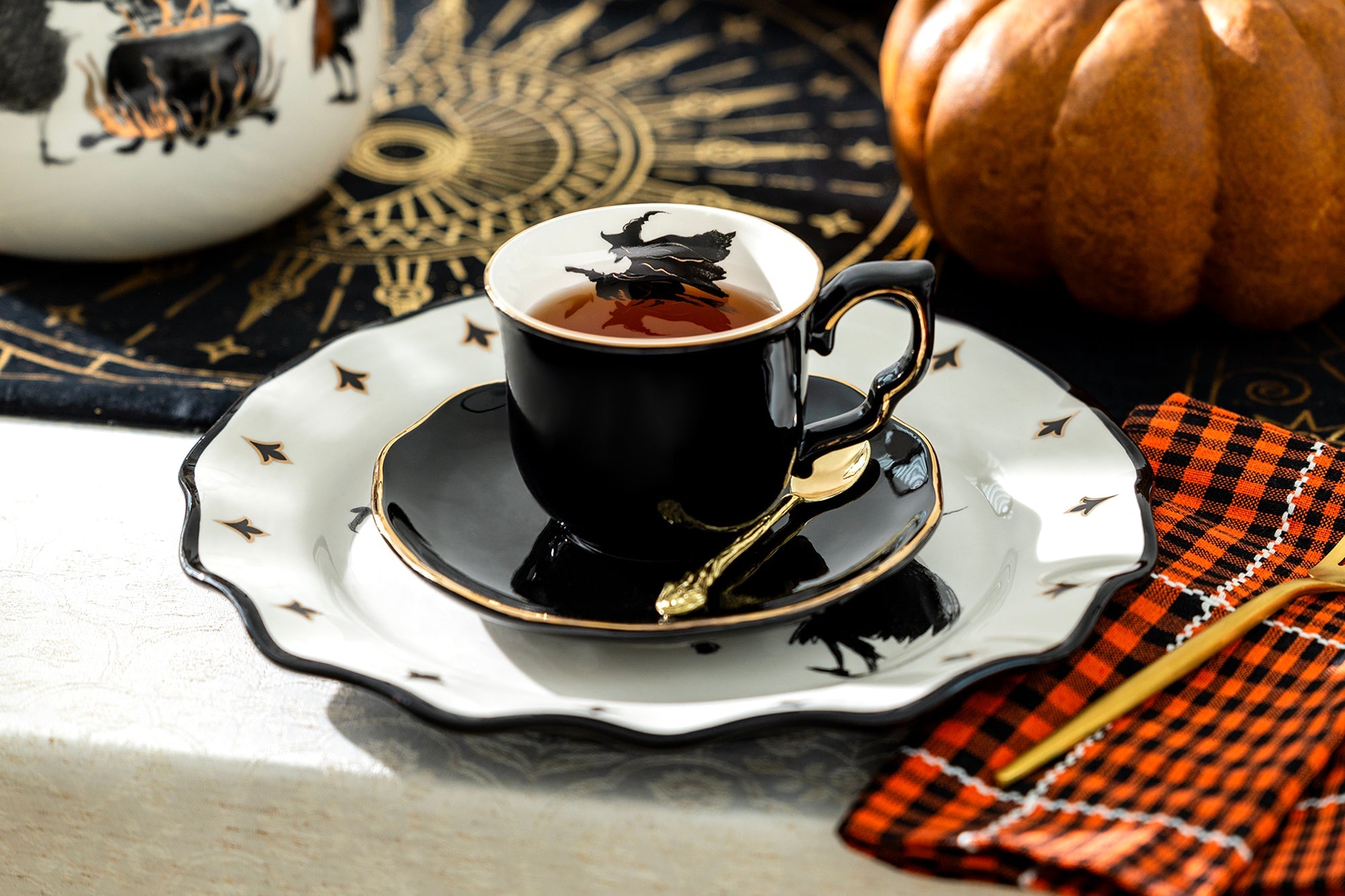Flying Witch Black Gold Tea Cup and Saucer - CLEARANCE