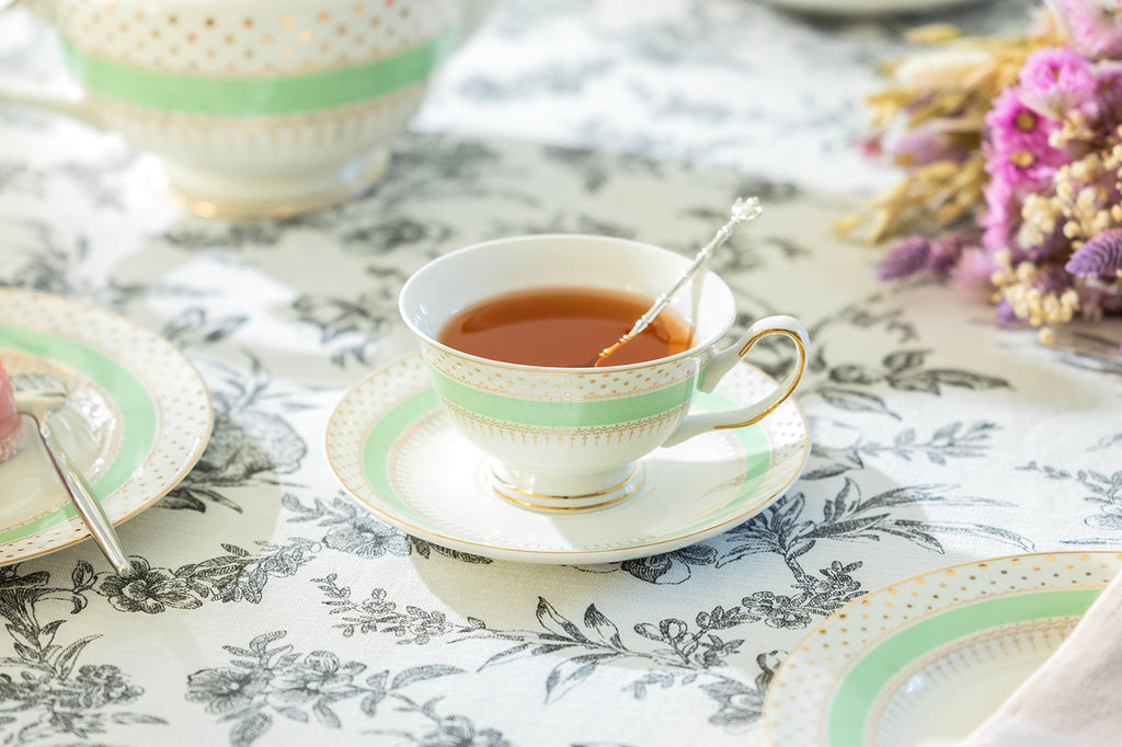 Mint Green Stripe with Gold Dots Fine Porcelain Tea Cup and Saucer
