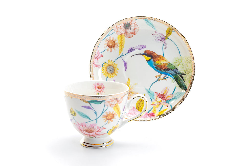 Spring Flowers with Hummingbird Fine Porcelain Tea Cup and Saucer