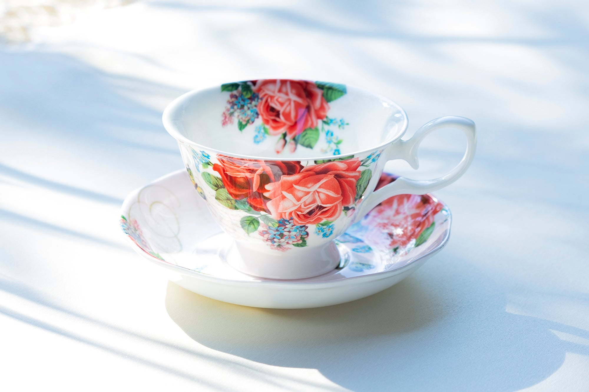 Red Rose Garden Bone China Tea Cup and Saucer