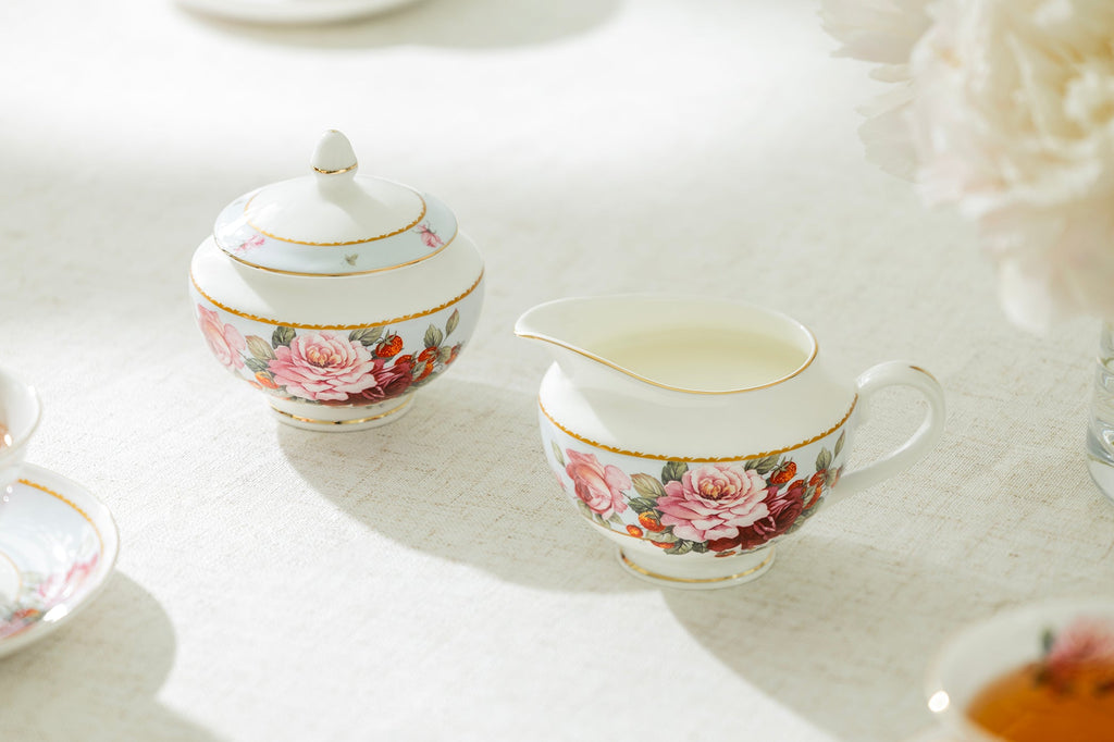 Peony and Strawberry Blue Bone China Sugar & Creamer Set