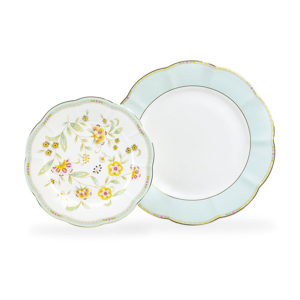 Yellow Corn Flowers with Mint Rim Fine Porcelain Dessert/Dinner Plate