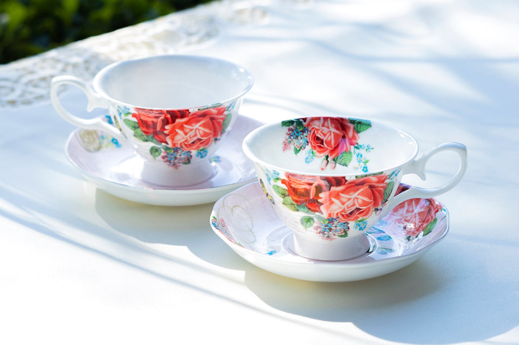 Red Rose Garden Bone China Tea Cup and Saucer