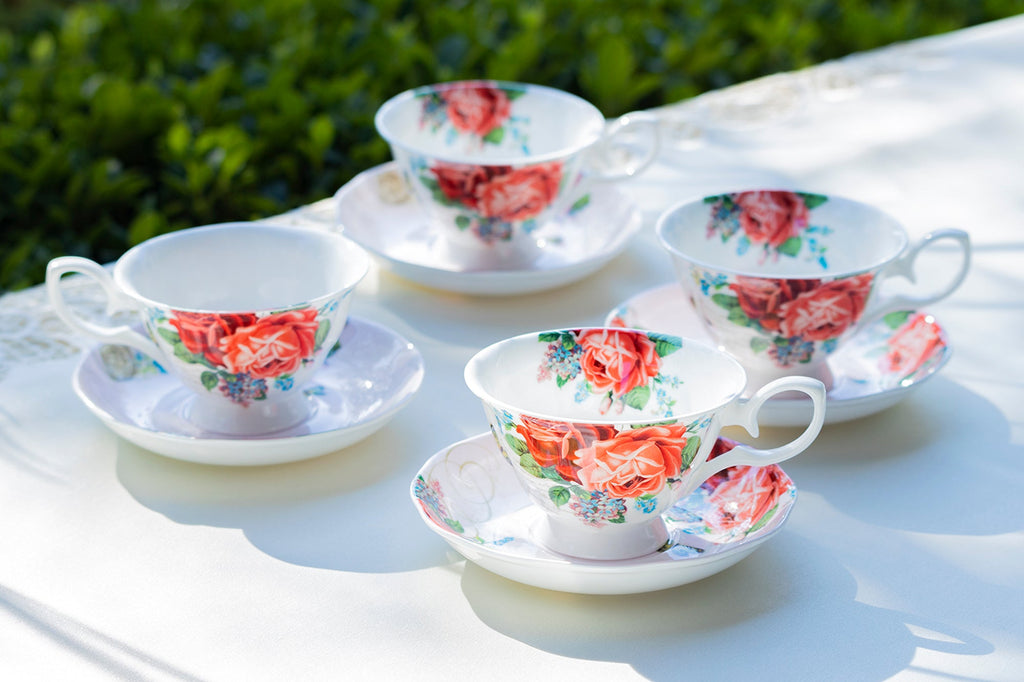 Red Rose Garden Bone China Tea Cup and Saucer