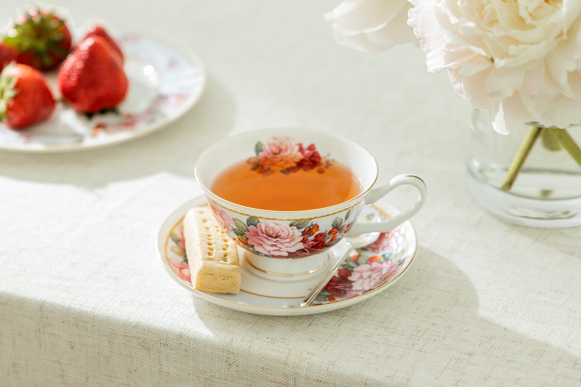 Peony and Strawberry Blue Bone China Tea Cup and Saucer