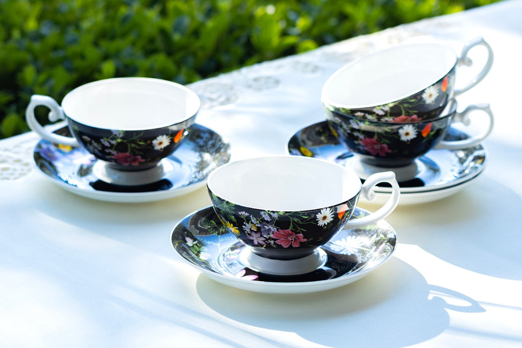 Summer Meadow Black Bone China Cup and Saucer