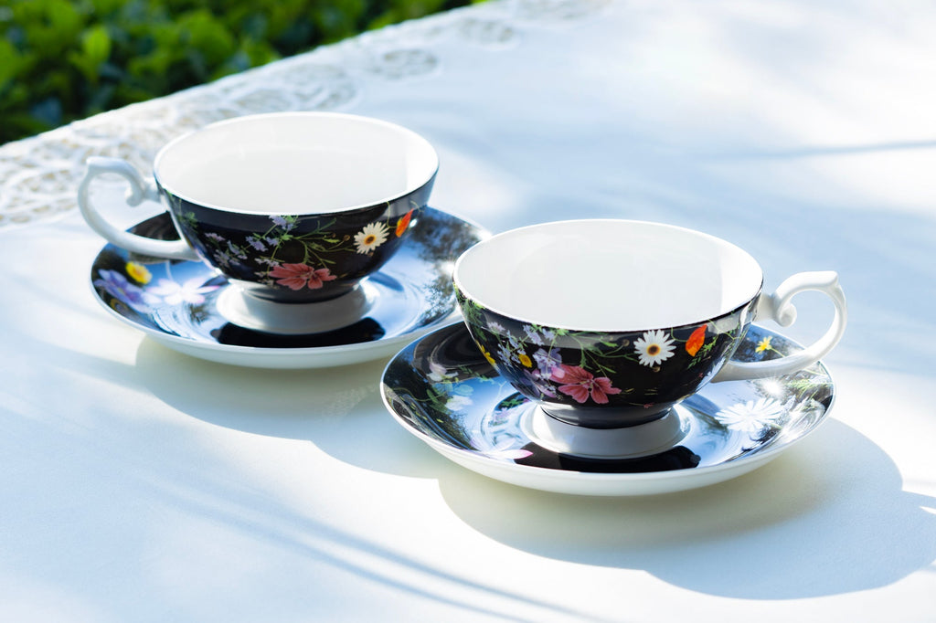 Summer Meadow Black Bone China Cup and Saucer