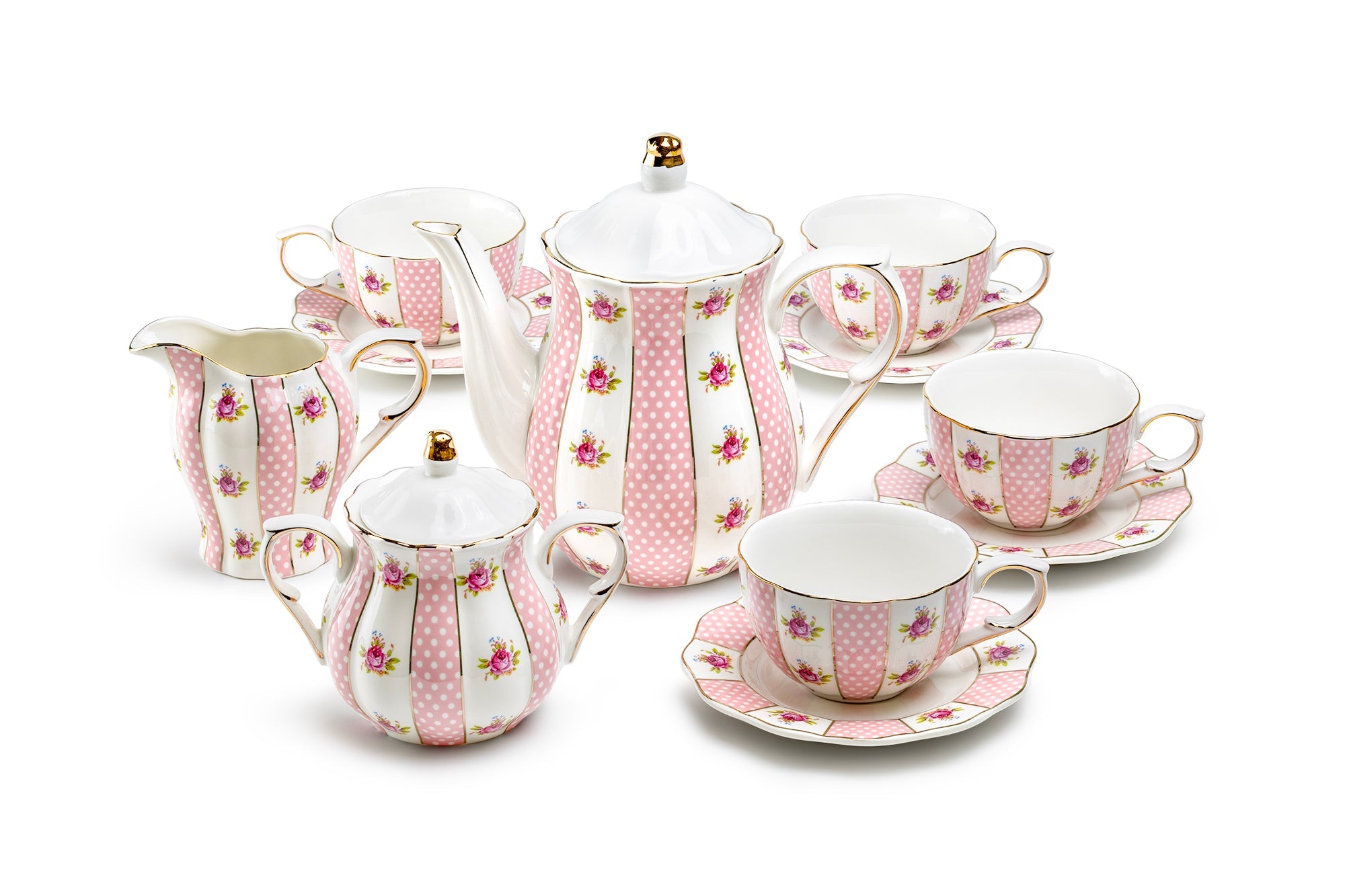 Pink Polka Dot Rosebud Scallop Fine Porcelain Tea Set