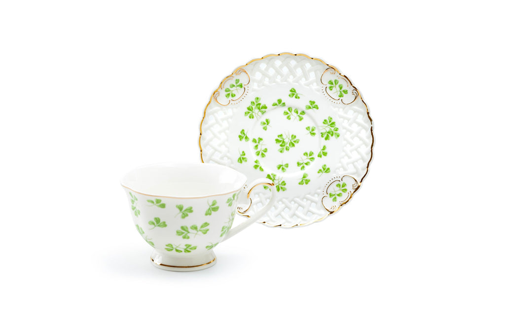 Shamrock Fine Porcelain Tea Cup and Saucer with Pierced Design