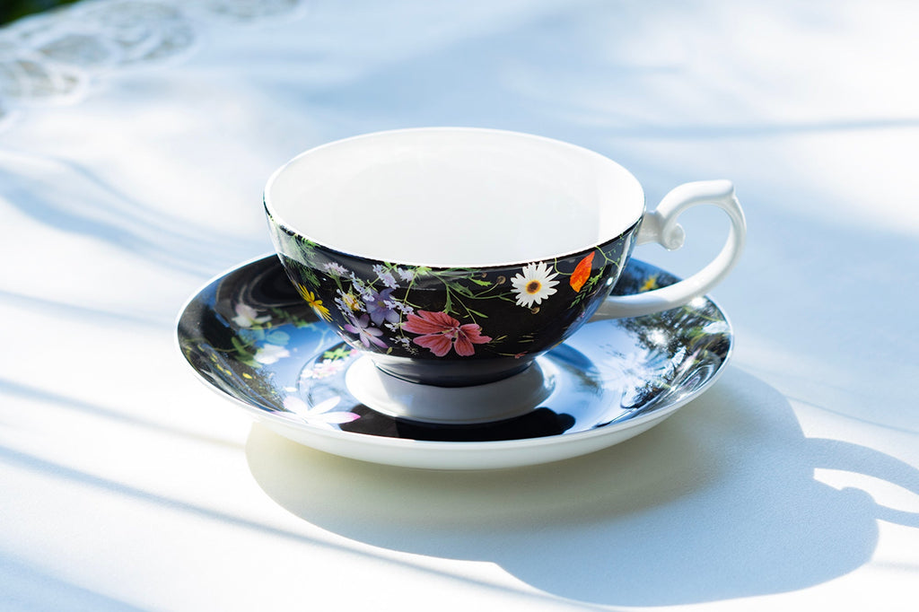 Summer Meadow Black Bone China Cup and Saucer