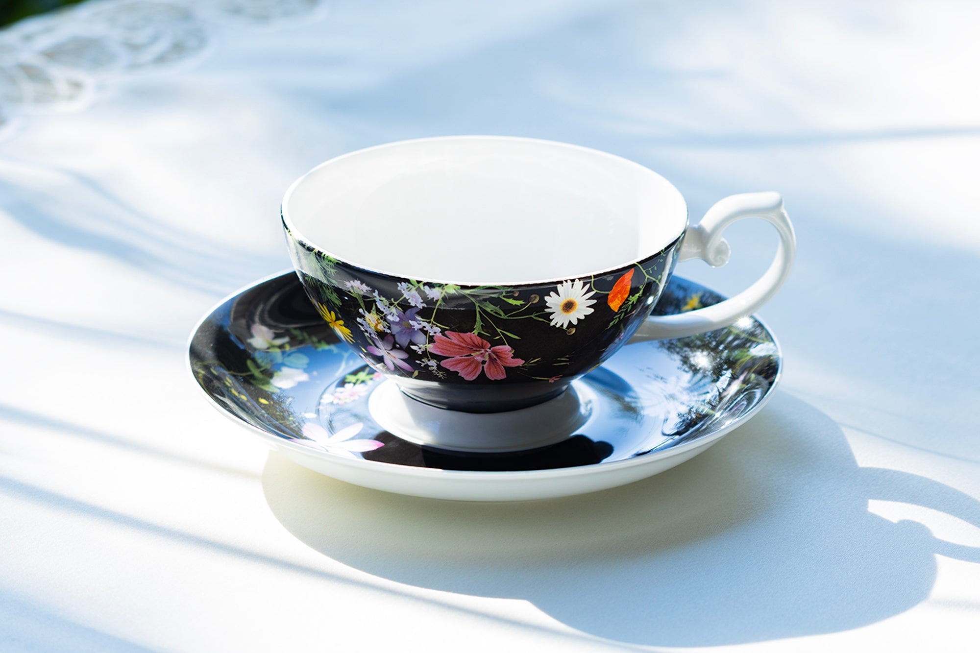 Summer Meadow Black Bone China Cup and Saucer