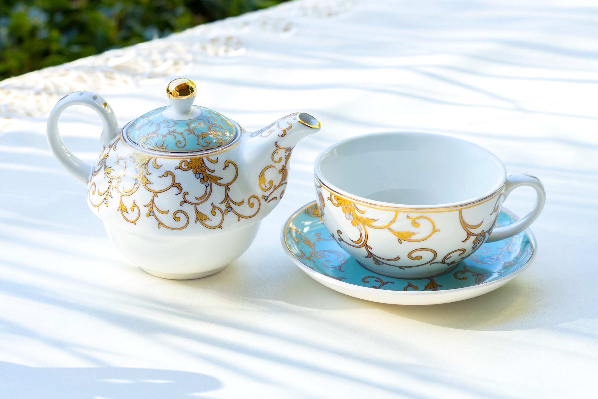 Mint Gold Scroll Fine Porcelain Tea For One Set