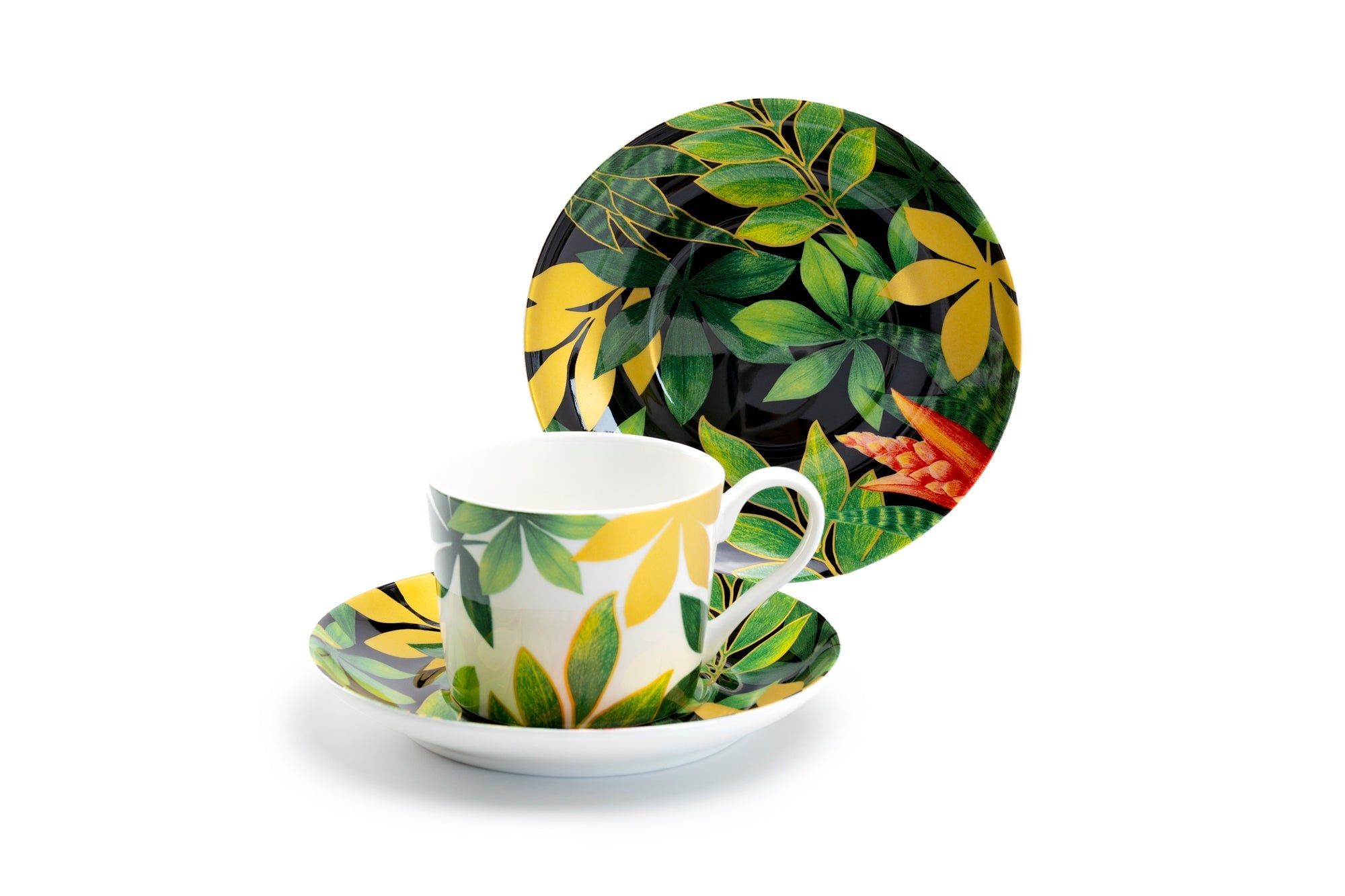 Green Gold Leaves Bone China Cup and Saucer