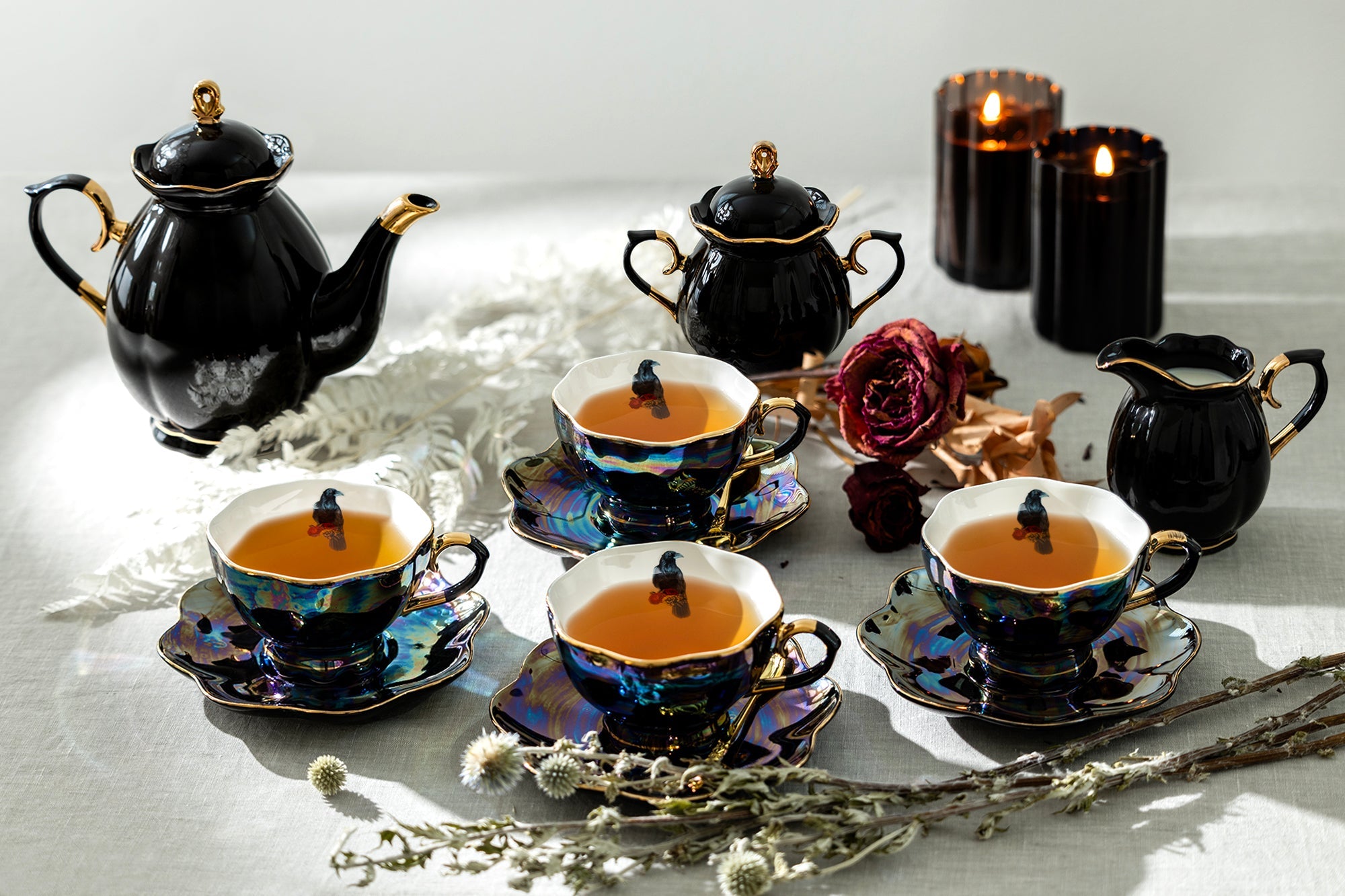 Black Gold Teapot + Sugar Creamer + 4 Crow with Red Roses Black Gold Luster Tea Cup and Saucer Sets