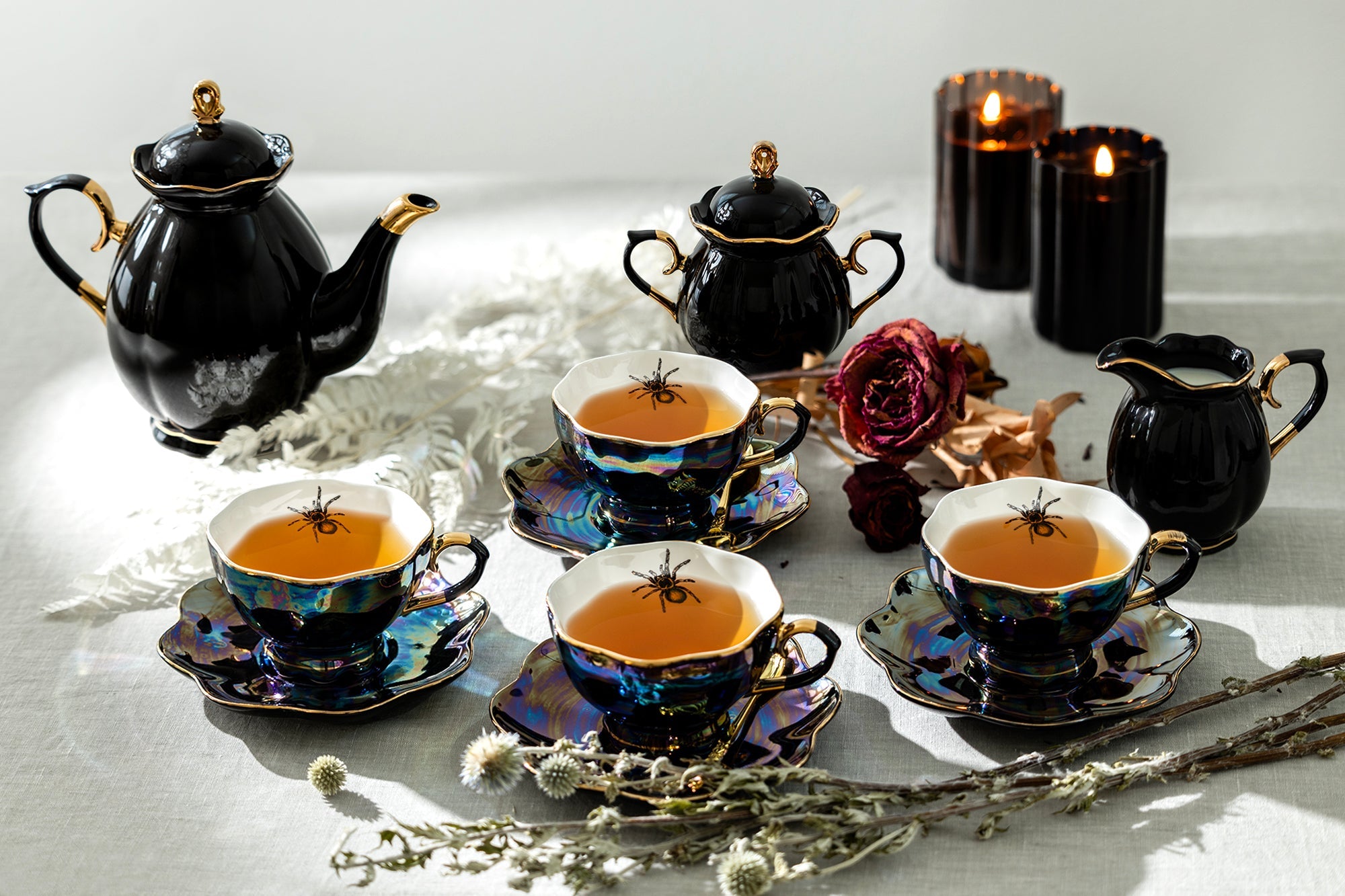 Black Gold Teapot + Sugar Creamer + 4 Spider Black Gold Luster Tea Cup and Saucer Sets
