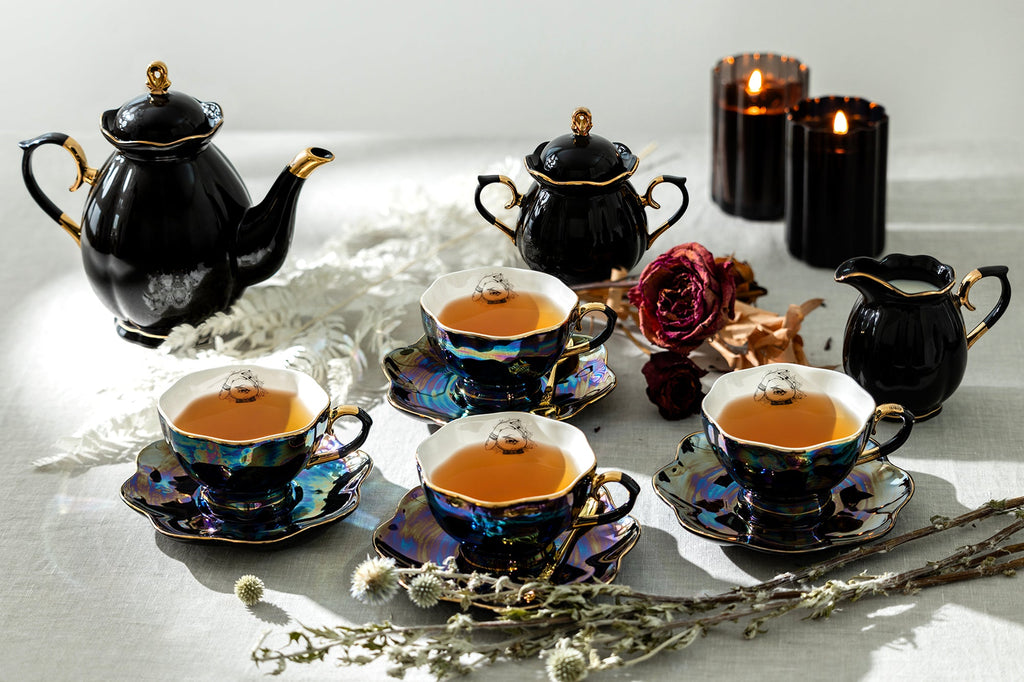 Black Gold Teapot + Sugar Creamer + 4 Witchy Crystal Ball Black Gold Luster Tea Cup and Saucer Sets