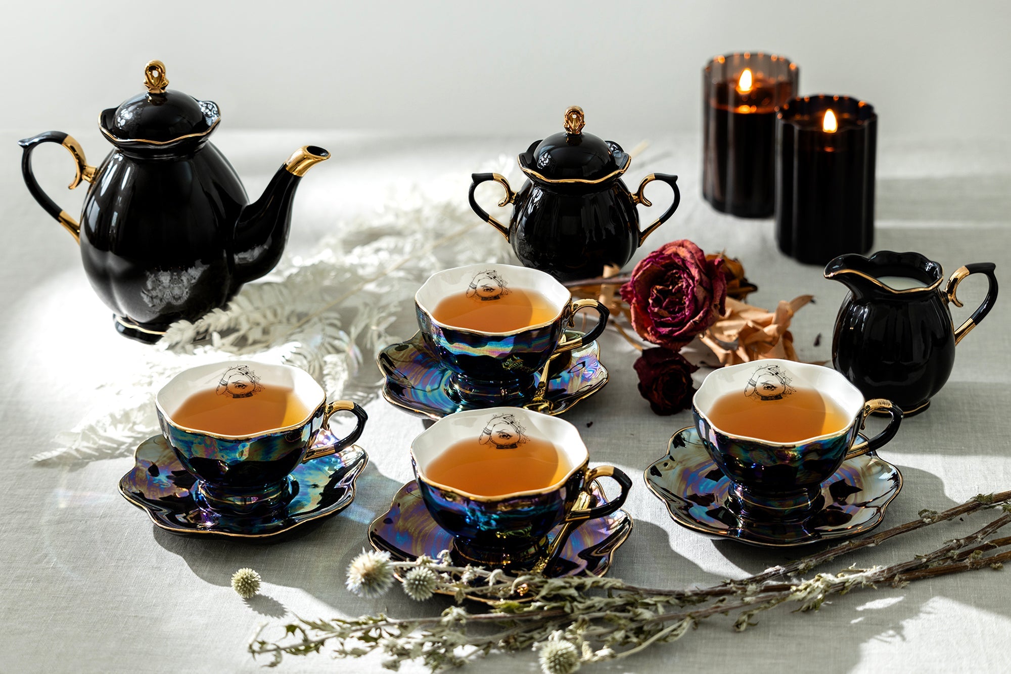 Black Gold Teapot + Sugar Creamer + 4 Witchy Crystal Ball Black Gold Luster Tea Cup and Saucer Sets