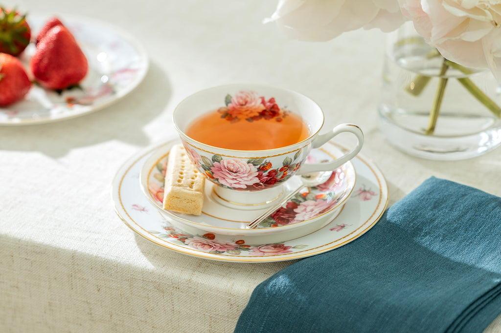 Peony and Strawberry Blue Bone China 11-Piece Tea Set