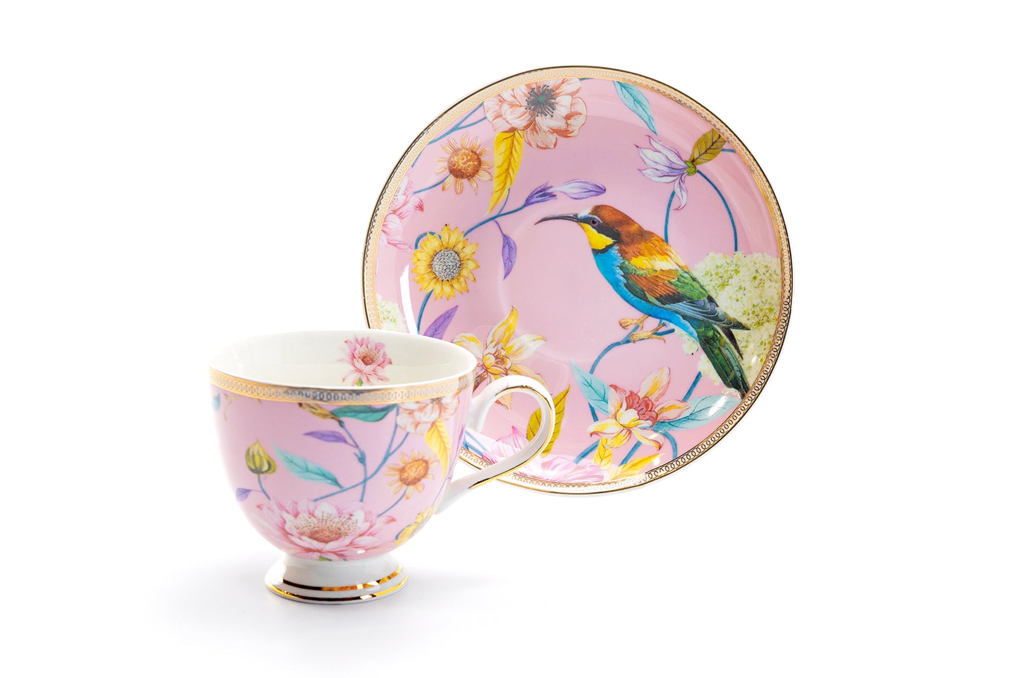 Spring Flowers with Hummingbird Fine Porcelain Tea Cup and Saucer