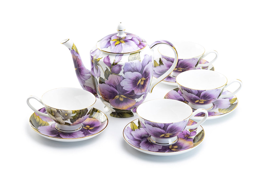Purple Gold Pansy Bone China 9-Piece Tea Set