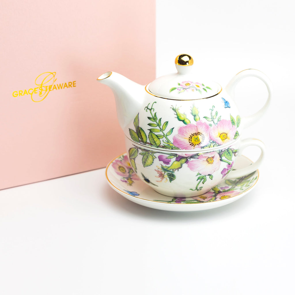 Pink Hollyhock Fine Porcelain Tea For One Set