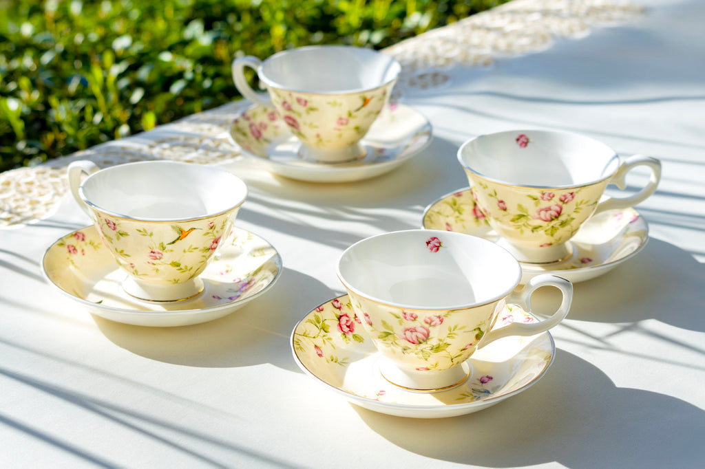 Rose Bud with Hummingbird Yellow Bone China Tea Cup and Saucer