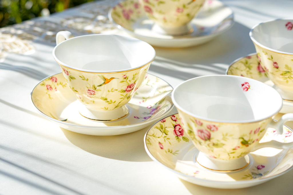 Rose Bud with Hummingbird Yellow Bone China Tea Cup and Saucer