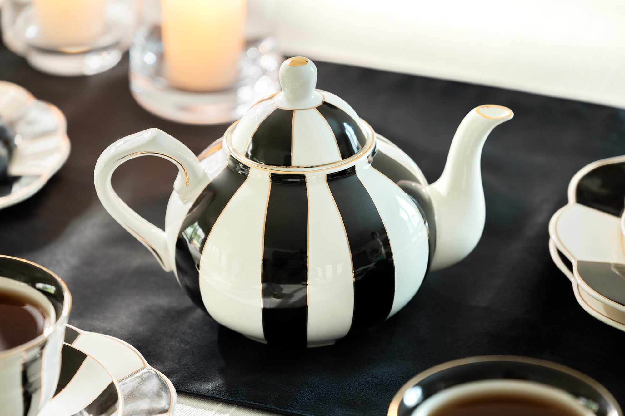 Black Carousel Stripes Fine Porcelain 5-Piece Tea Set