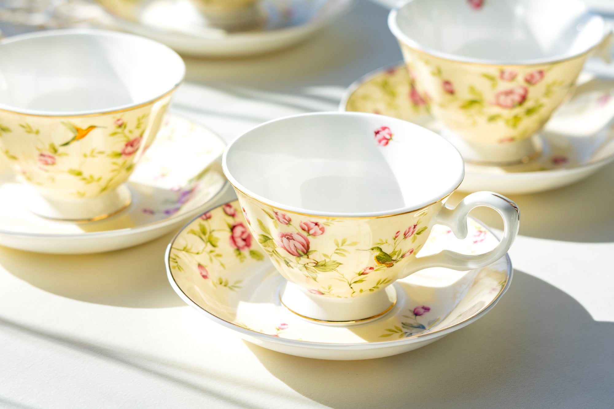 Rose Bud with Hummingbird Yellow Bone China Tea Cup and Saucer