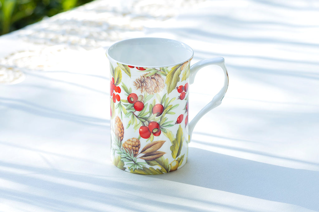 Holly and Pine Cone Bone China Mug