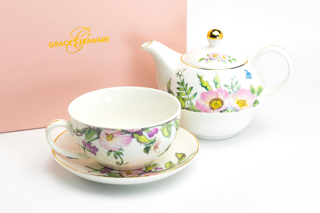 Pink Hollyhock Fine Porcelain Tea For One Set