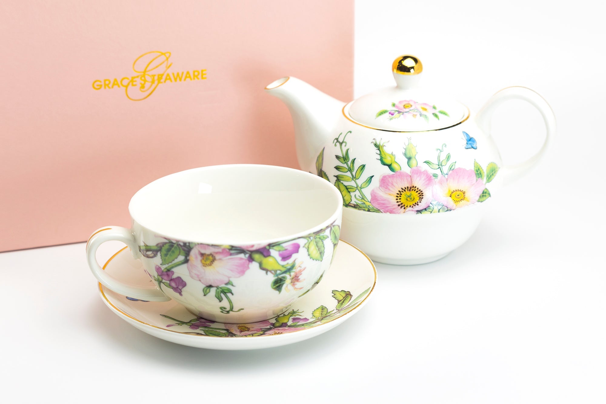 Pink Hollyhock Fine Porcelain Tea For One Set