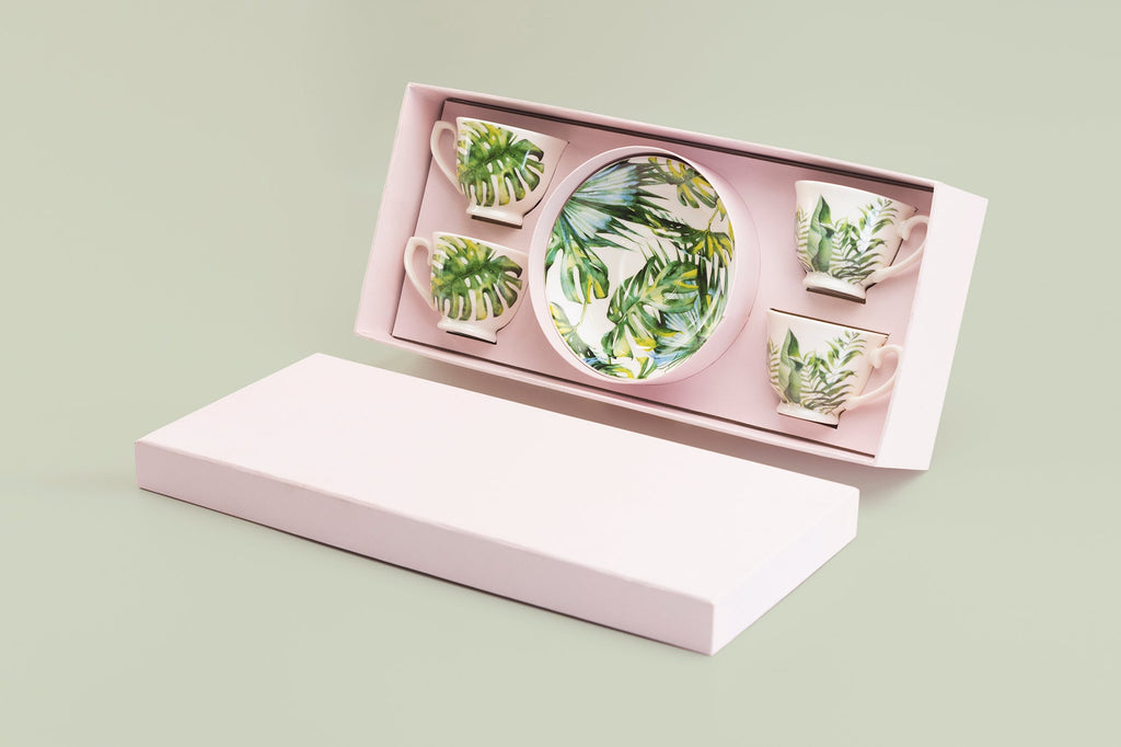 Tropical Leaves 2oz Espresso Cups and Saucers with Gift Box