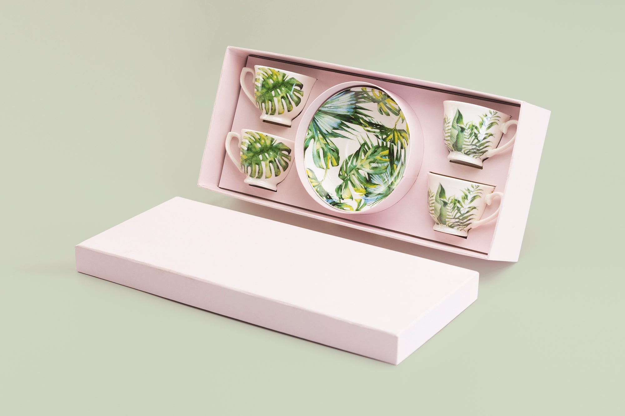Tropical Leaves 2oz Espresso Cups and Saucers with Gift Box