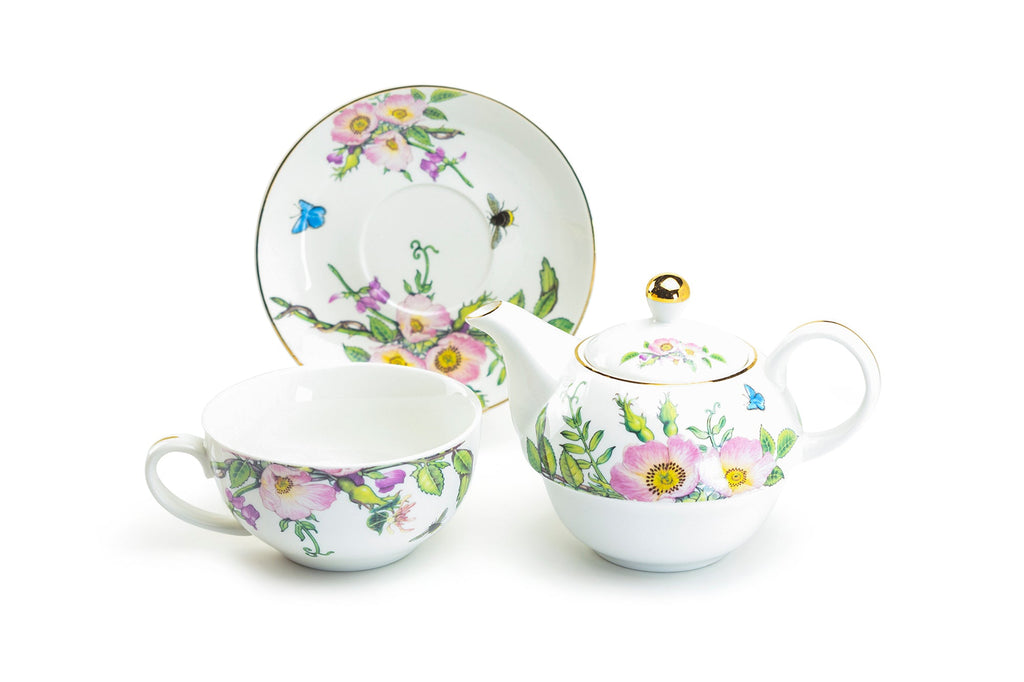 Pink Hollyhock Fine Porcelain Tea For One Set