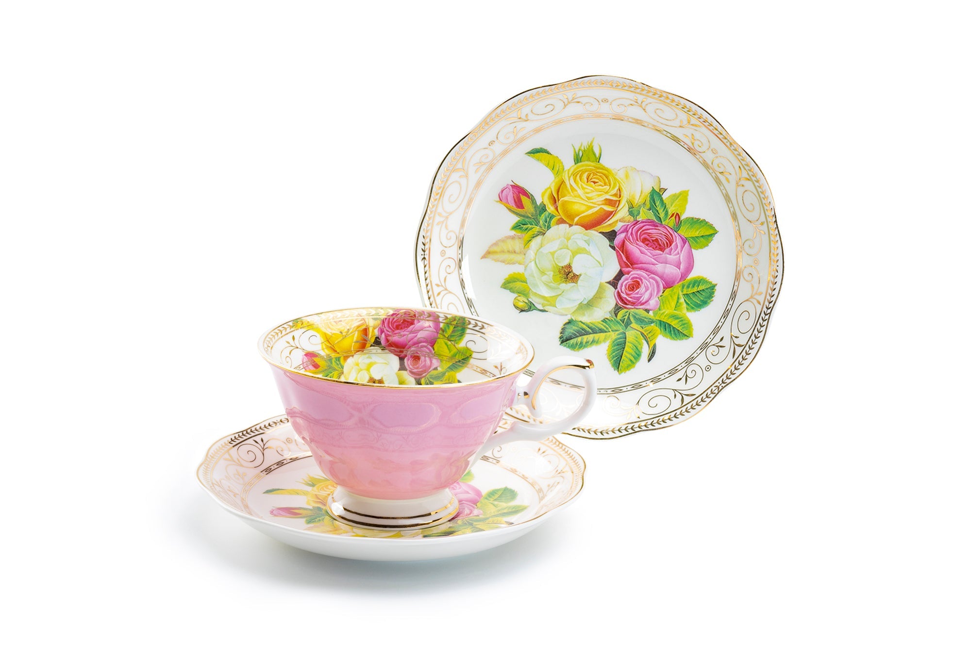 Rose Bouquet Assorted Colors Fine Porcelain Tea Cup and Saucer Set of 4