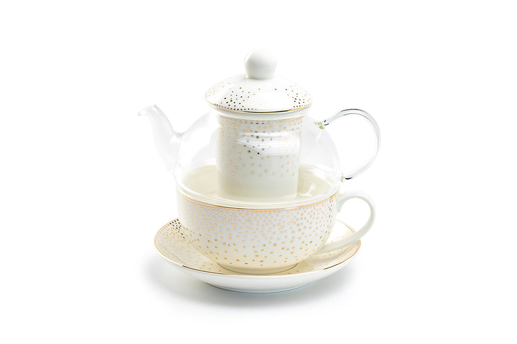 Gold Dots Glass and Fine Porcelain Tea For One Set