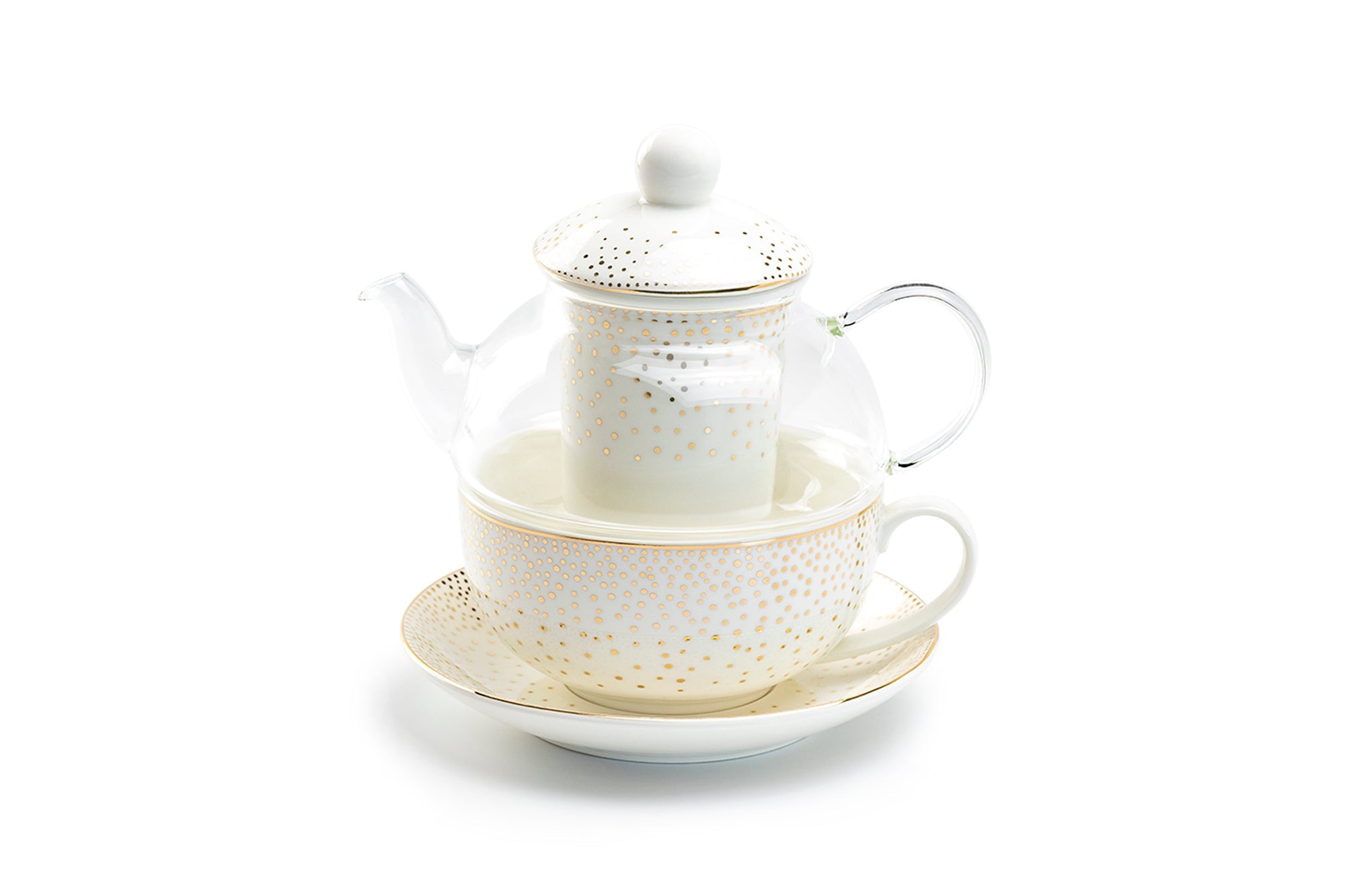 Gold Dots Glass and Fine Porcelain Tea For One Set