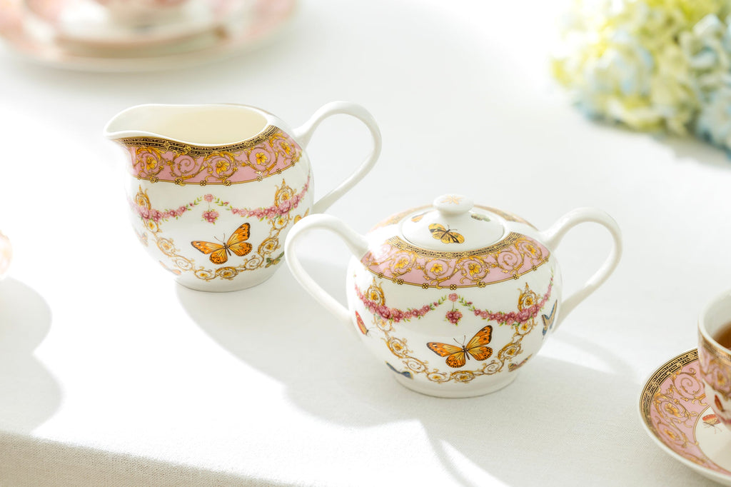 Butterflies with Pink Ornament Fine Porcelain Sugar & Creamer Set
