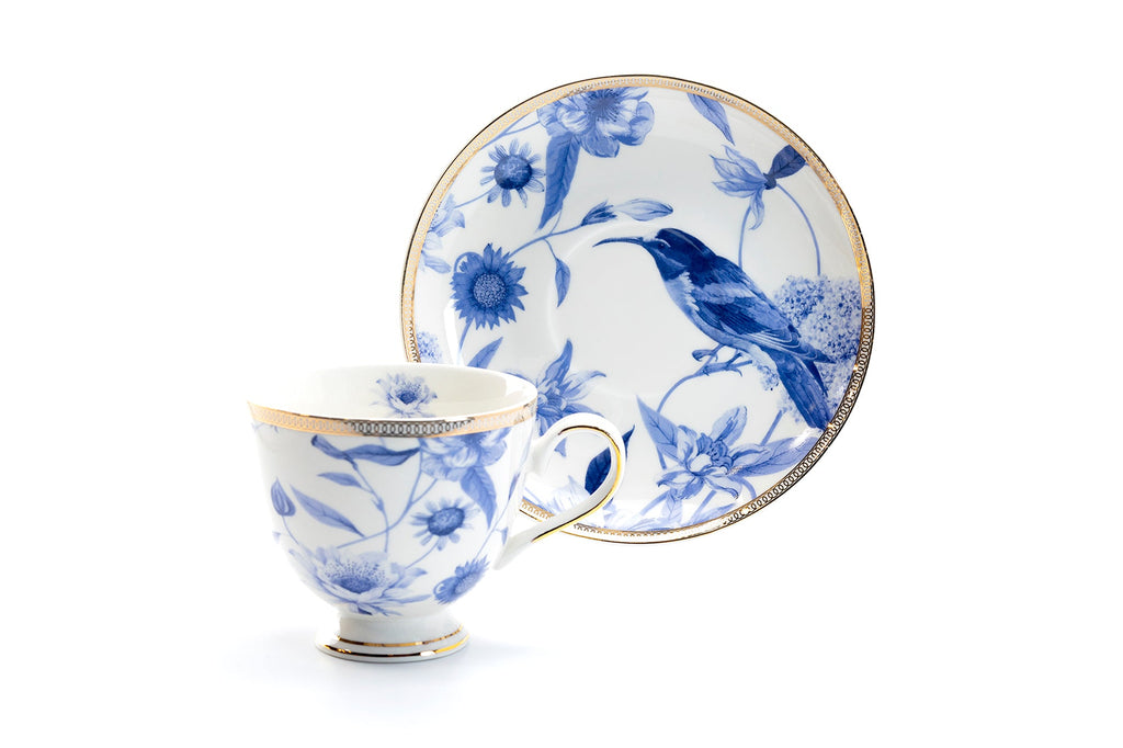 Blue Spring Flowers with Hummingbird Fine Porcelain Tea Cup and Saucer