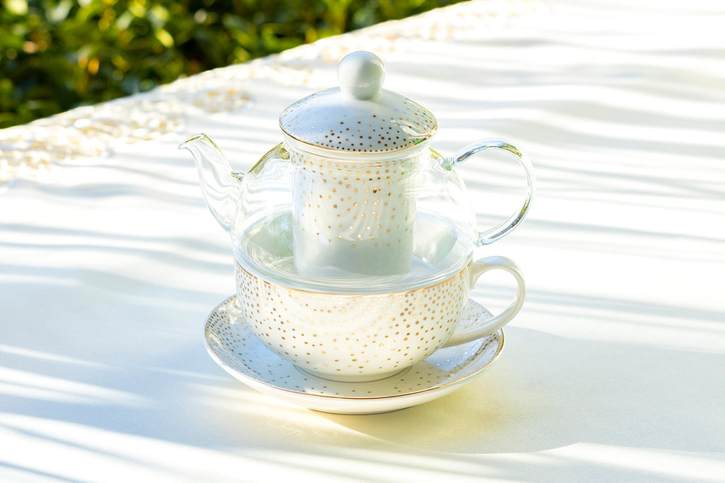 Gold Dots Glass and Fine Porcelain Tea For One Set