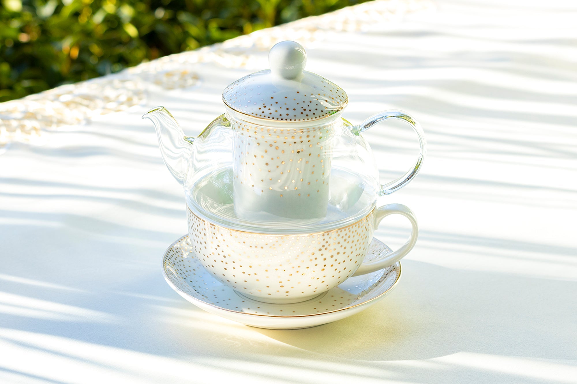 Gold Dots Glass and Fine Porcelain Tea For One Set