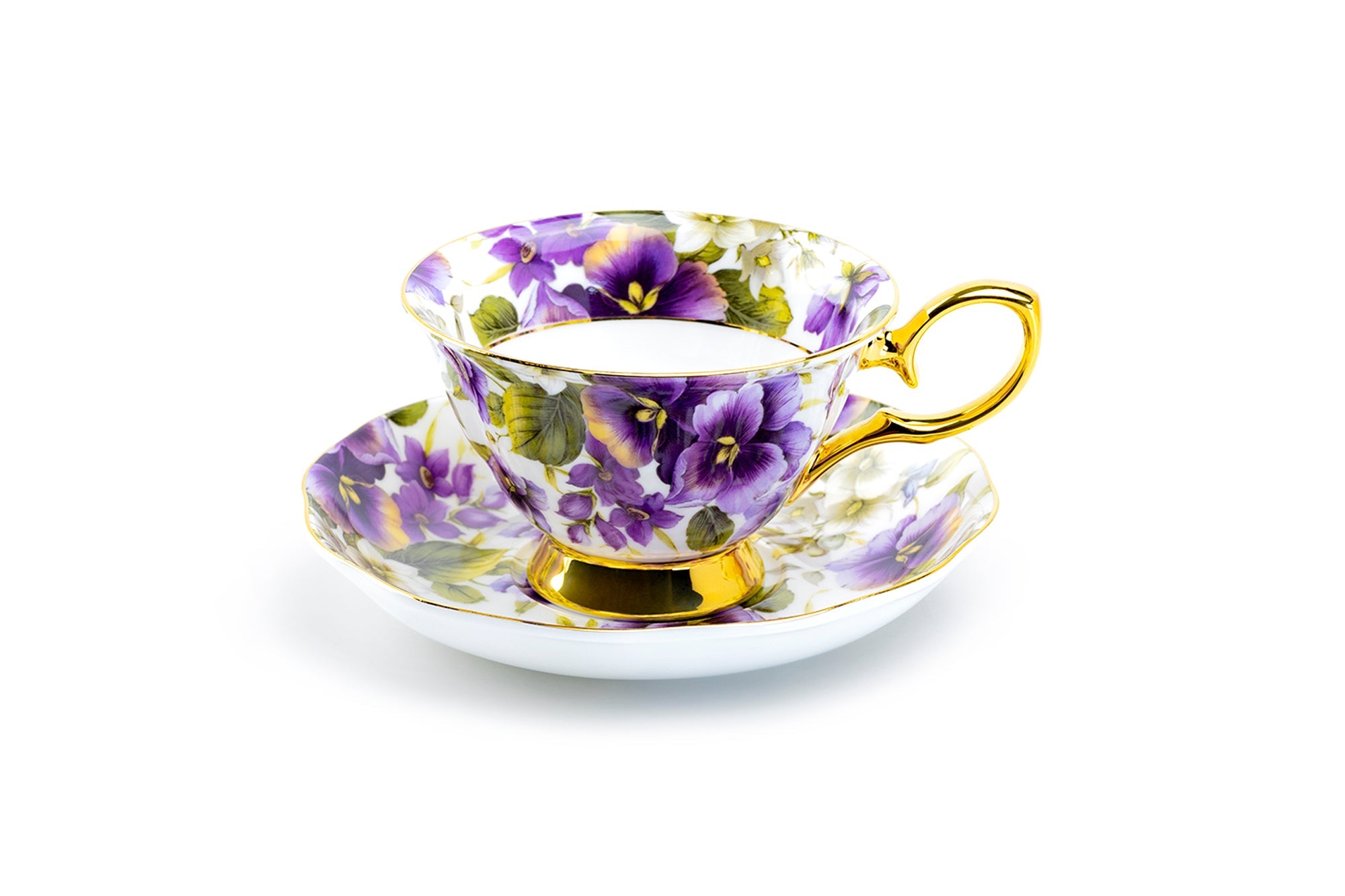 Purple Pansy Gold Bone China Tea Cup and Saucer