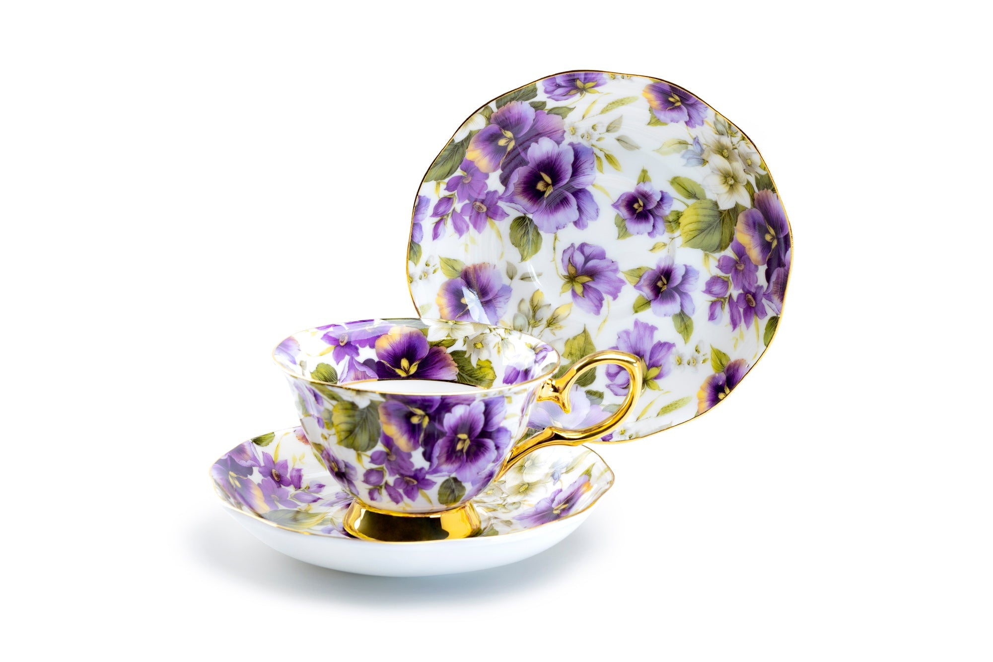 Purple Pansy Gold Bone China Tea Cup and Saucer