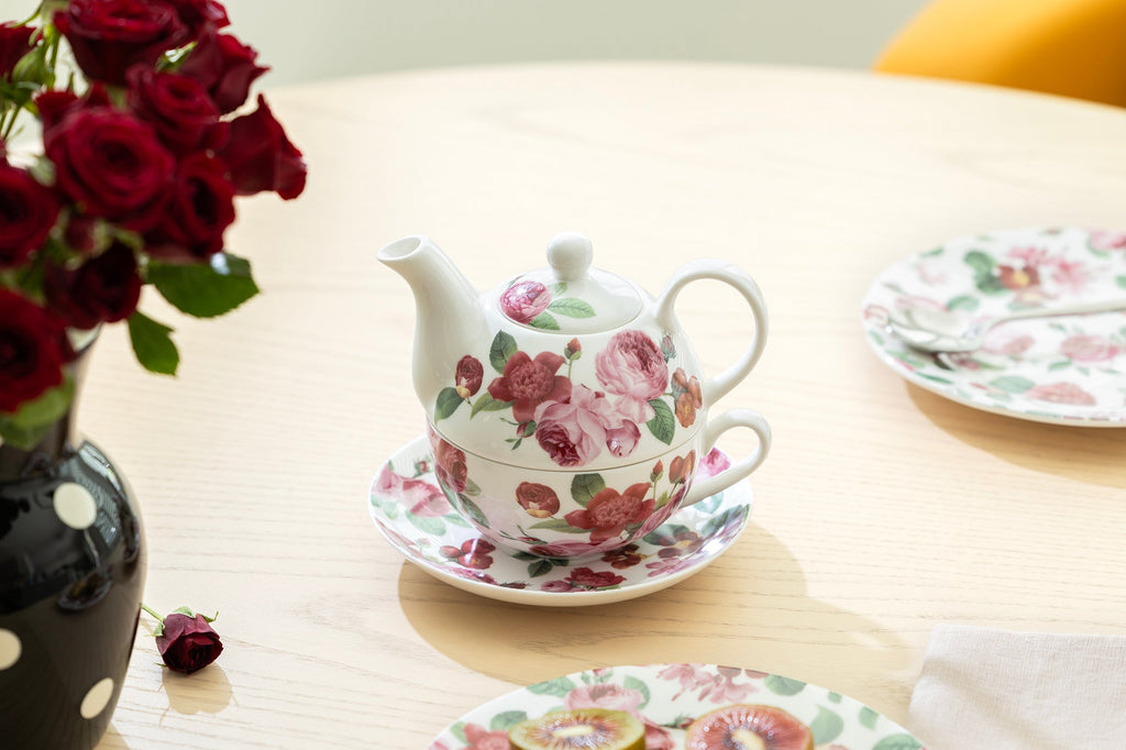 Pink Cabbage Roses Fine Porcelain Tea For One Set