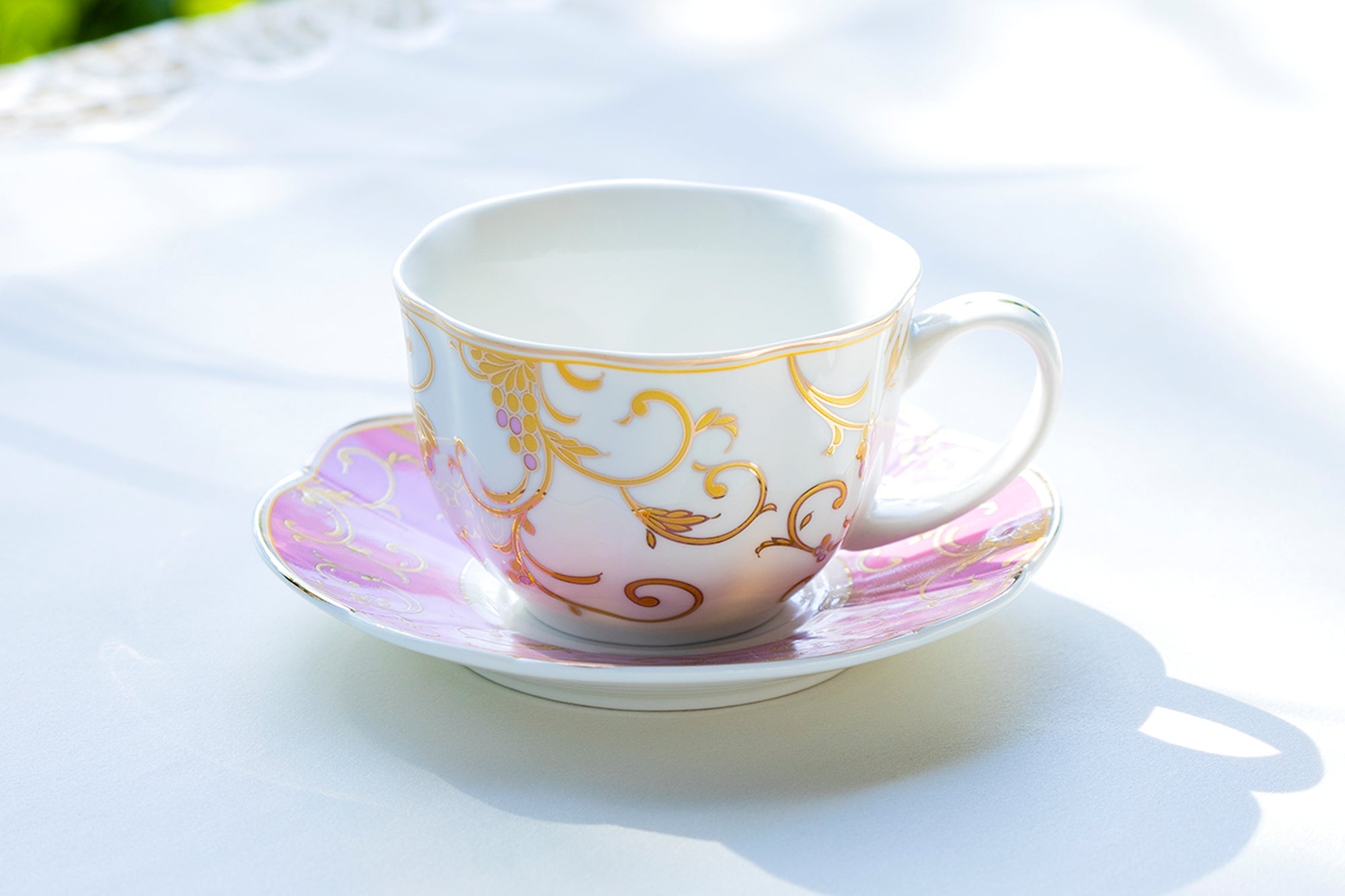 Pink Gold Scroll Fine Porcelain Cup and Saucer