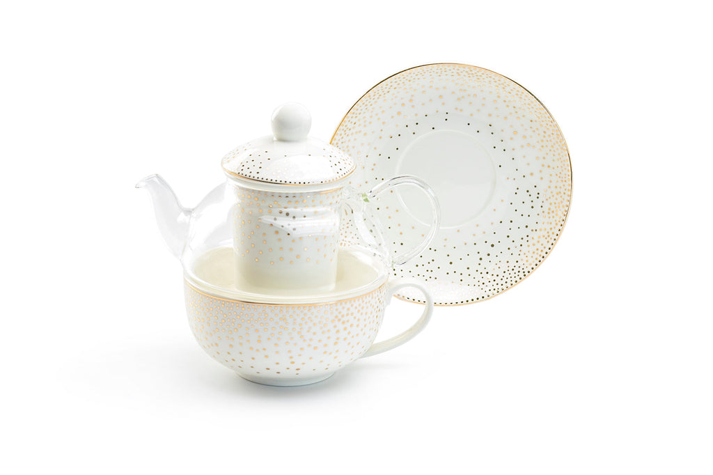 Gold Dots Glass and Fine Porcelain Tea For One Set